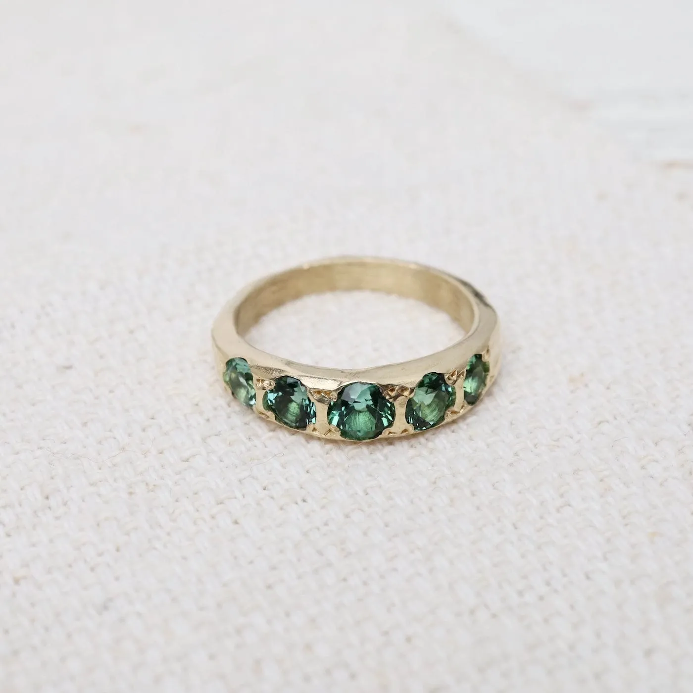 Yellow Gold 5 Stone Blue Green Tourmaline Band Ring